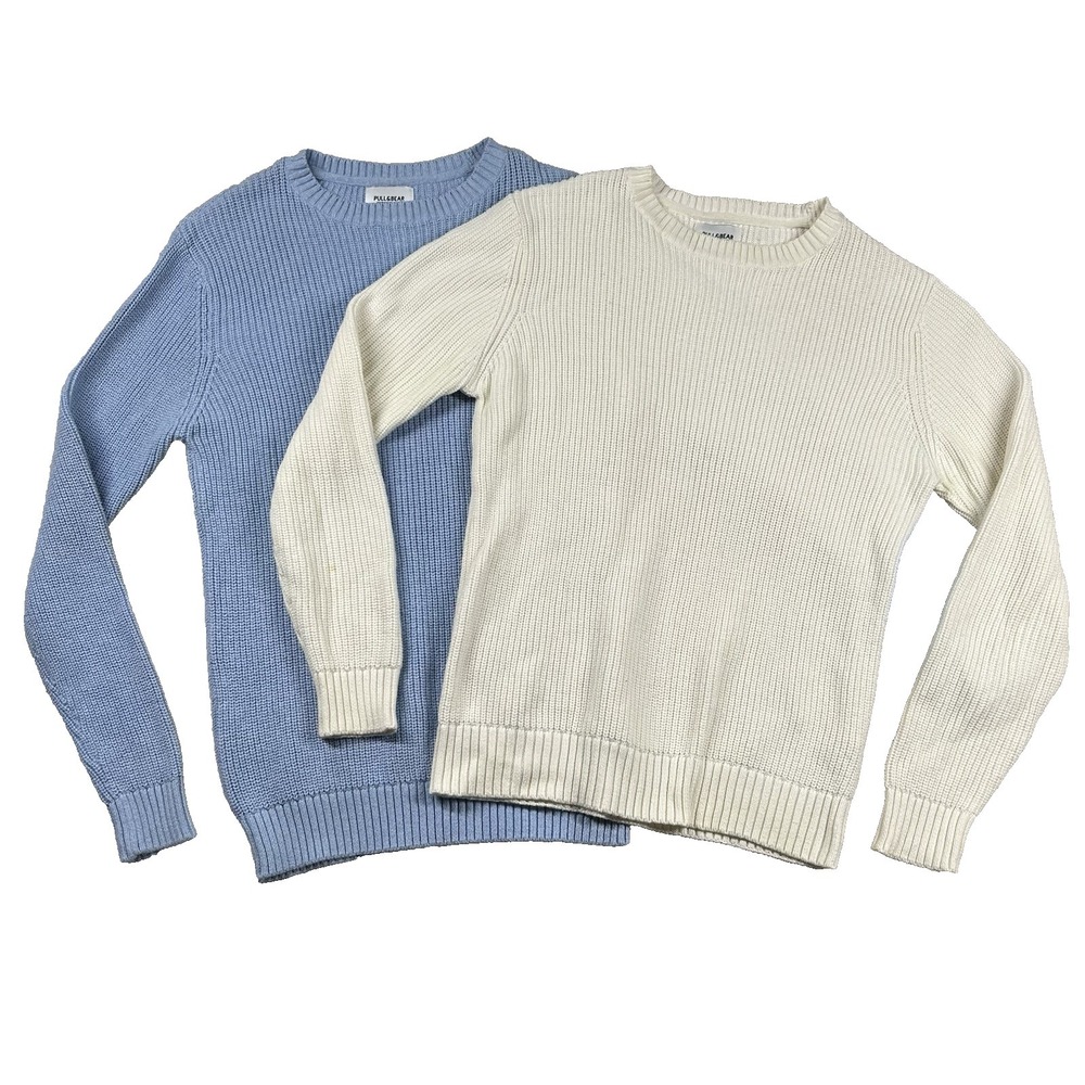 Pull & Bear Sweater Lot of 2 Womens Small Knit Blue White Solid Preppy Crewneck